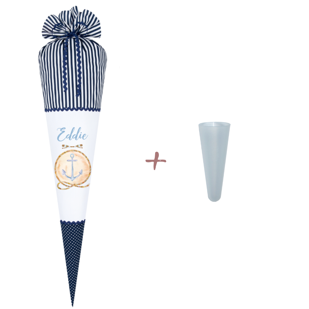 Maritime Schultüte für Jungen | Personalisiert mit dem Namen | Stoffschultüte in Blau mit Anker | Optional mit Füllkissen und Spitzenschutz
