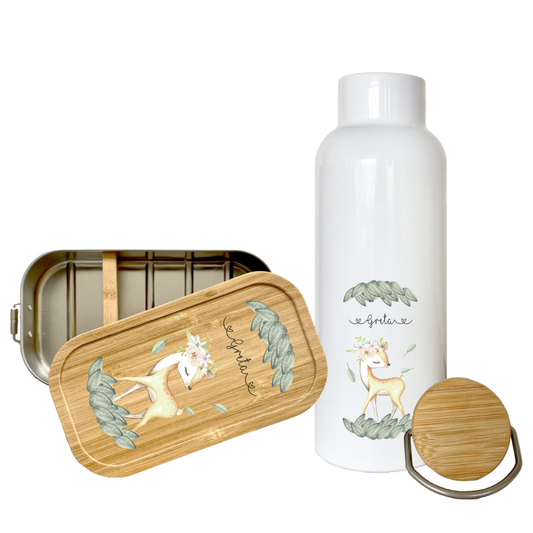 Trinkflasche mit mit Reh u. Namen für Kinder | Personalisiertes Geschenk für Mädchen | 500 ml Isolierflasche aus Edelstahl mit Bambusdeckel | Als Set verfügbar mit Brotdose