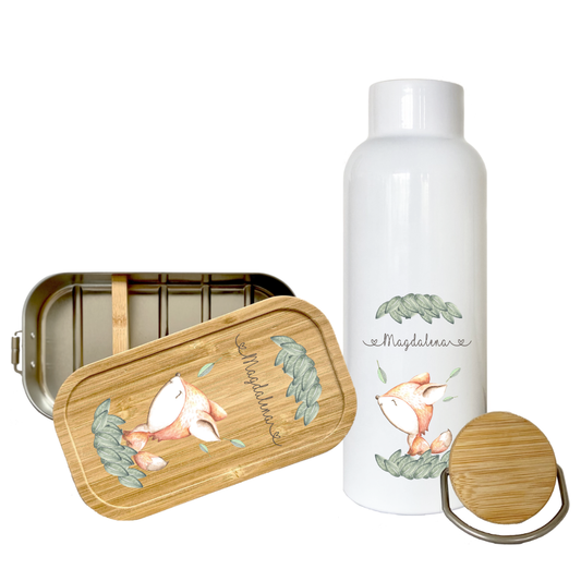 Trinkflasche mit Fuchs u. Namen für Kinder | Personalisiertes Geschenk für Mädchen u. Jungen | 500 ml Isolierflasche aus Edelstahl mit Bambusdeckel | Als Set verfügbar mit Brotdose