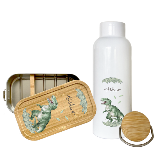 Trinkflasche mit Dino u. Namen für Kinder | Personalisiertes Geschenk für Mädchen u. Jungen mit Dinosaurier| 500 ml Isolierflasche aus Edelstahl mit Bambusdeckel | Als Set verfügbar mit Brotdose
