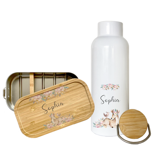 Trinkflasche mit Rehkitz u. Namen für Mädchen | Personalisiertes Geschenk für Kinder | 500 ml Isolierflasche aus Edelstahl mit Bambusdeckel | Als Set verfügbar mit Brotdose
