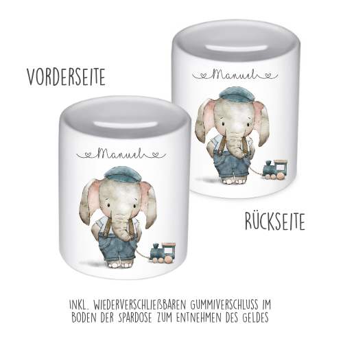 Personalisierte Kinderspardose für Mädchen und Jungen mit Namen und Elefant aus Keramik.