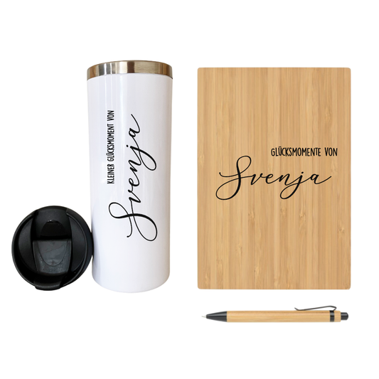 Kaffeebecher u. Notizbuch mit Namen als Geschenkidee