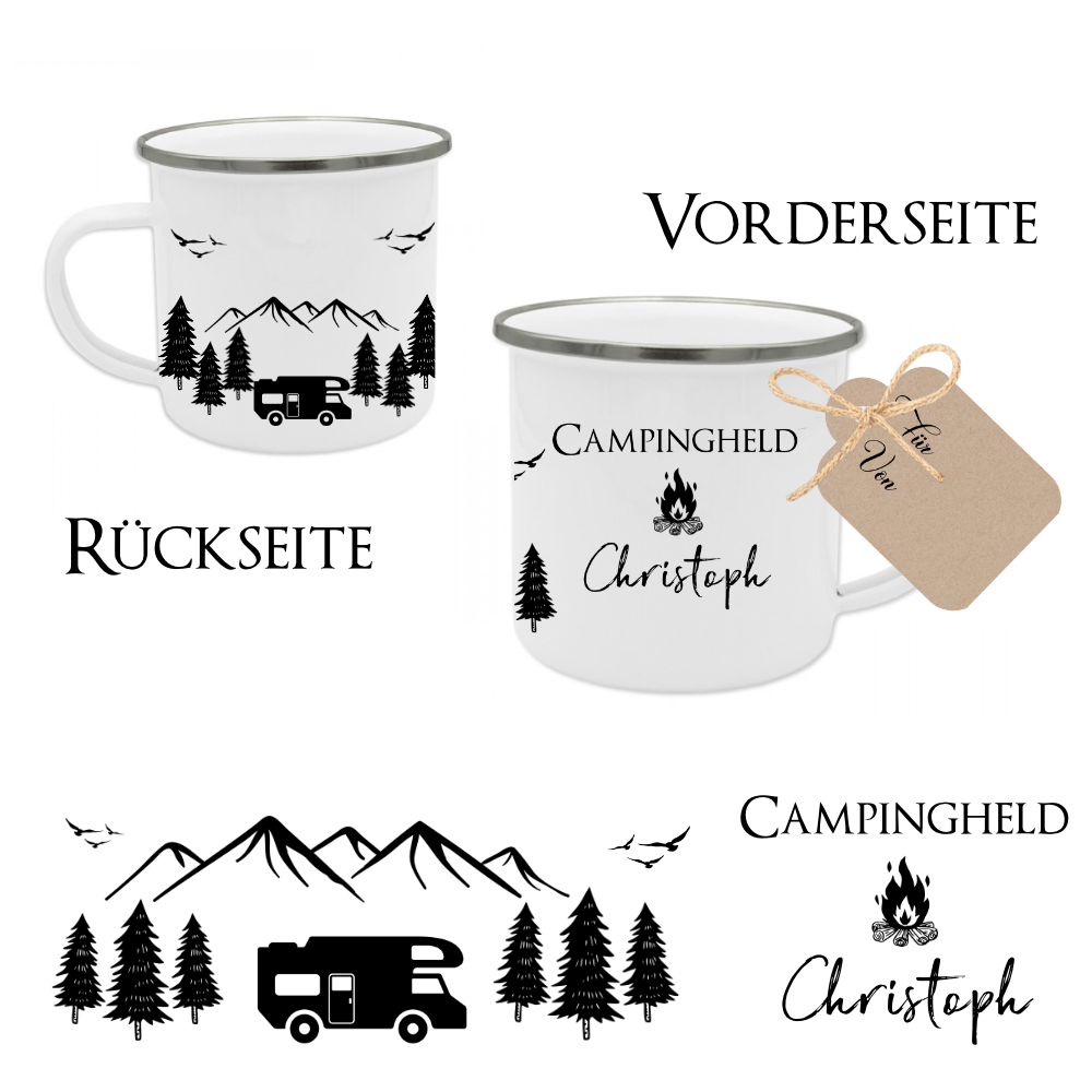 Tasse aus Emaille für Campinghelden | Personalisierte Emailletasse für den Urlaub für Ihn und Sie