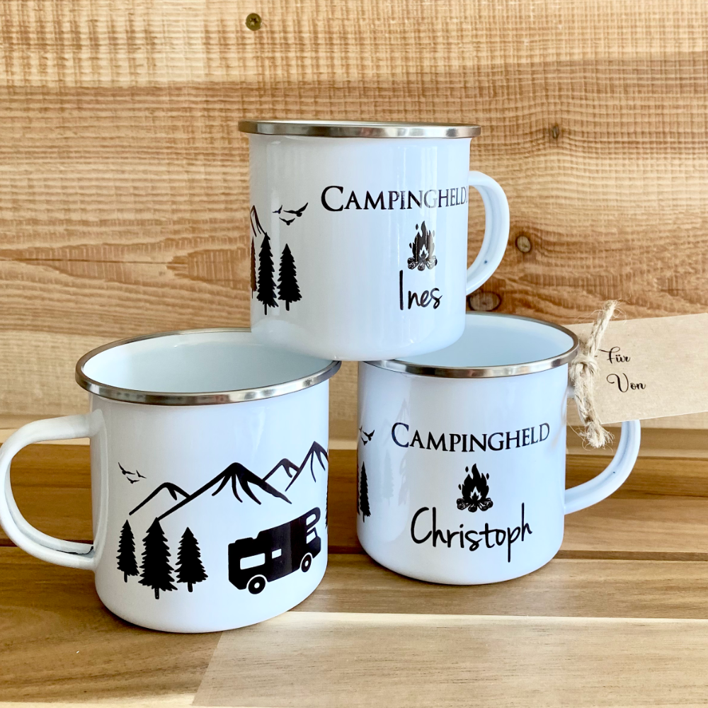 Tasse aus Emaille für Campinghelden | Personalisierte Emailletasse für den Urlaub für Ihn und Sie