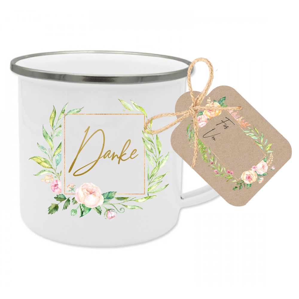 Tasse aus Emaille "Danke" | Dankeschön Geschenk im floralen Design | Tassengeschenk um Danke zu sagen