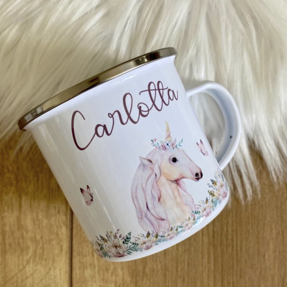 Zauberhafte Einhorn Tasse mit Namen des Kindes | Emaille Trinkbecher für Mädchen I Personalisierte Kindertasse als besonderes Geschenk  | 7 Motivvarianten zur Auswahl