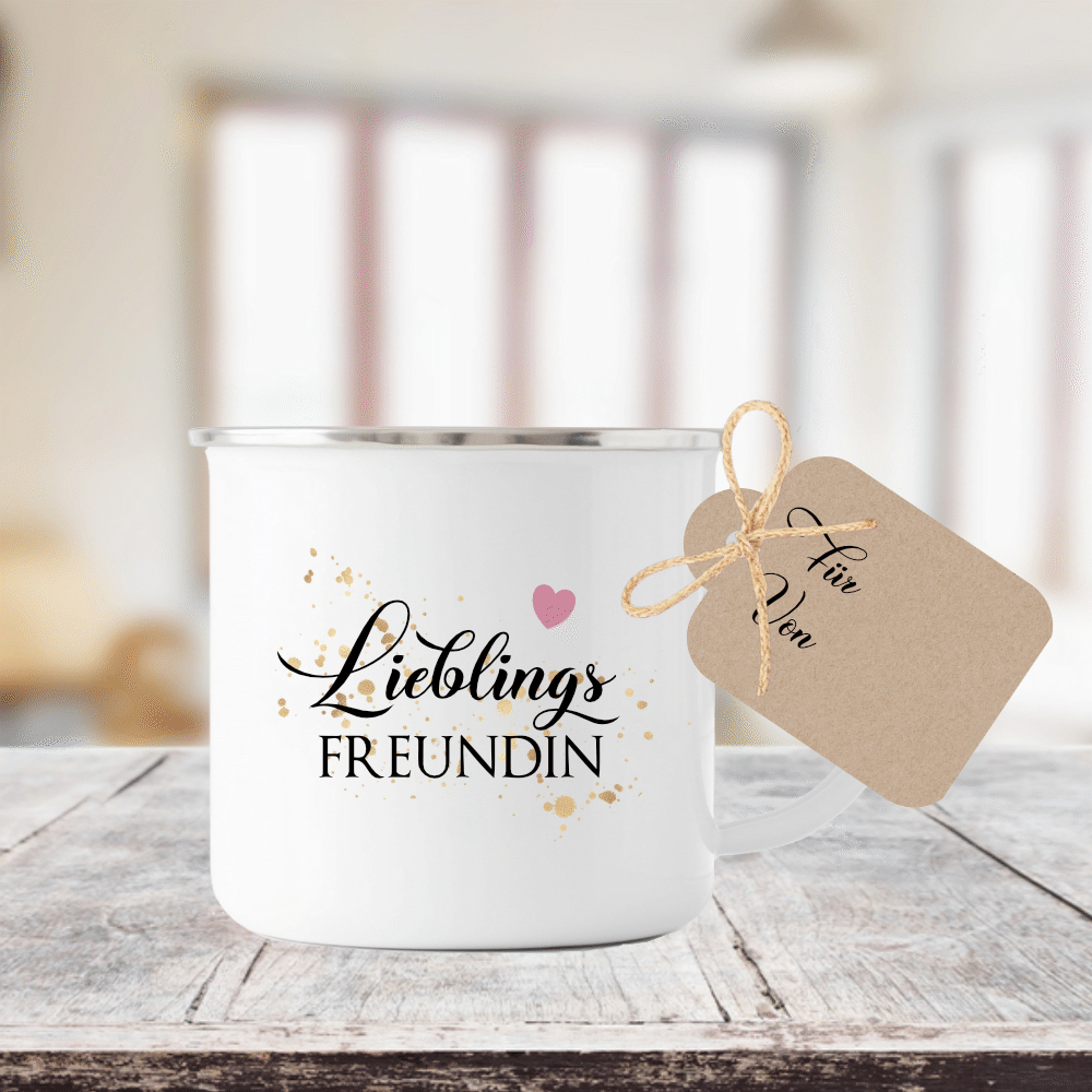 Tasse "Lieblingsfreundin" | Geschenk für die beste Freundin | Emailletasse mit Geschenkanhänger