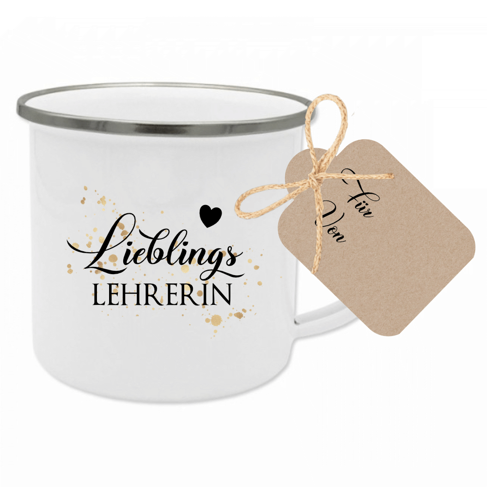 Tasse "Lieblingsfriseurin" | Geschenk für die Friseurin | Emailletasse mit Geschenkanhänger | 12 Motivvarianten zur Auswahl
