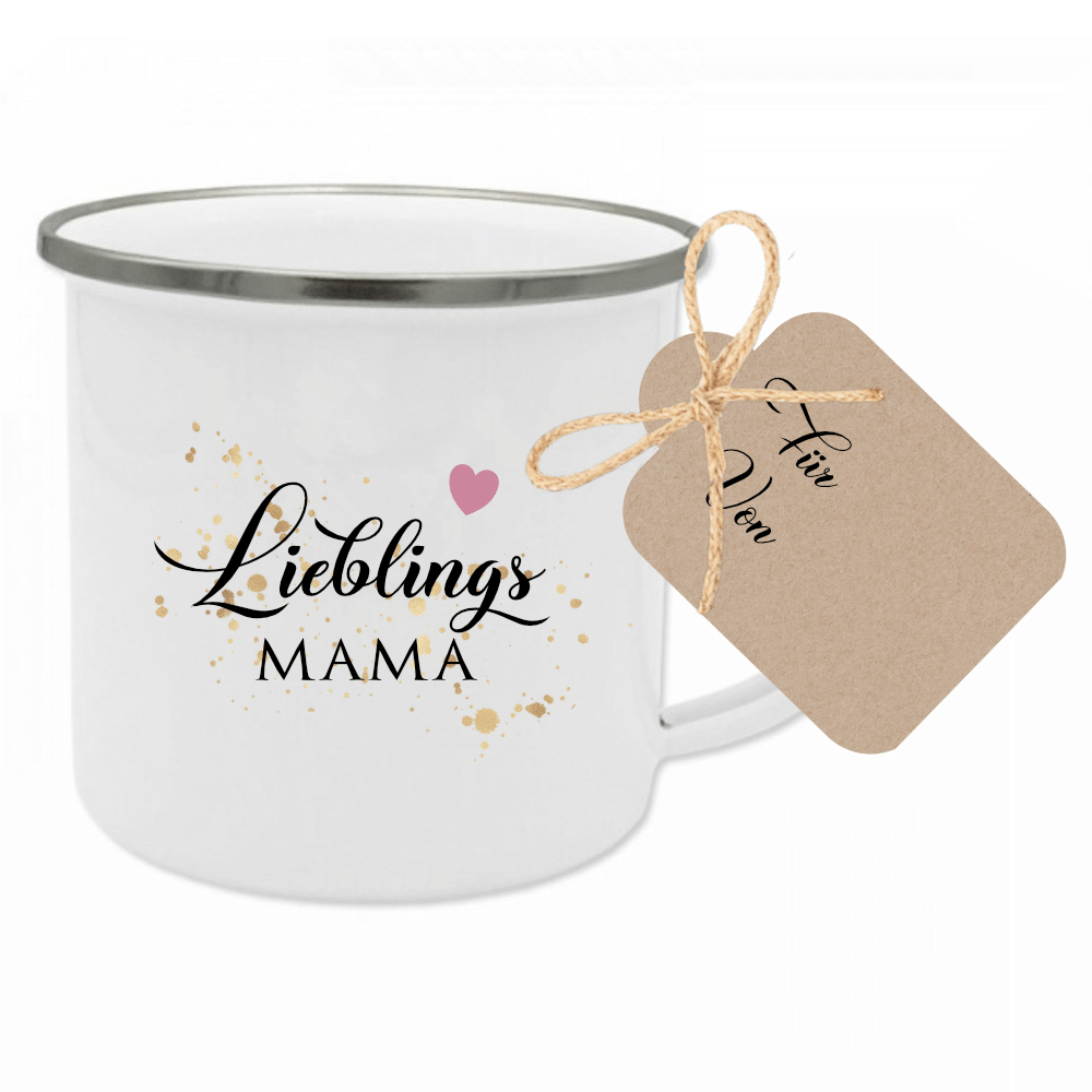 Tasse "Lieblingstante" | Geschenk für die Tante | Emailletasse mit Geschenkanhänger | 12 Motivvarianten zur Auswahl