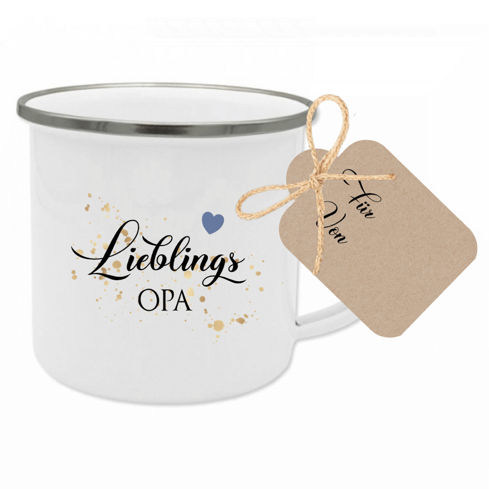 Tasse "Lieblingstante" | Geschenk für die Tante | Emailletasse mit Geschenkanhänger | 12 Motivvarianten zur Auswahl