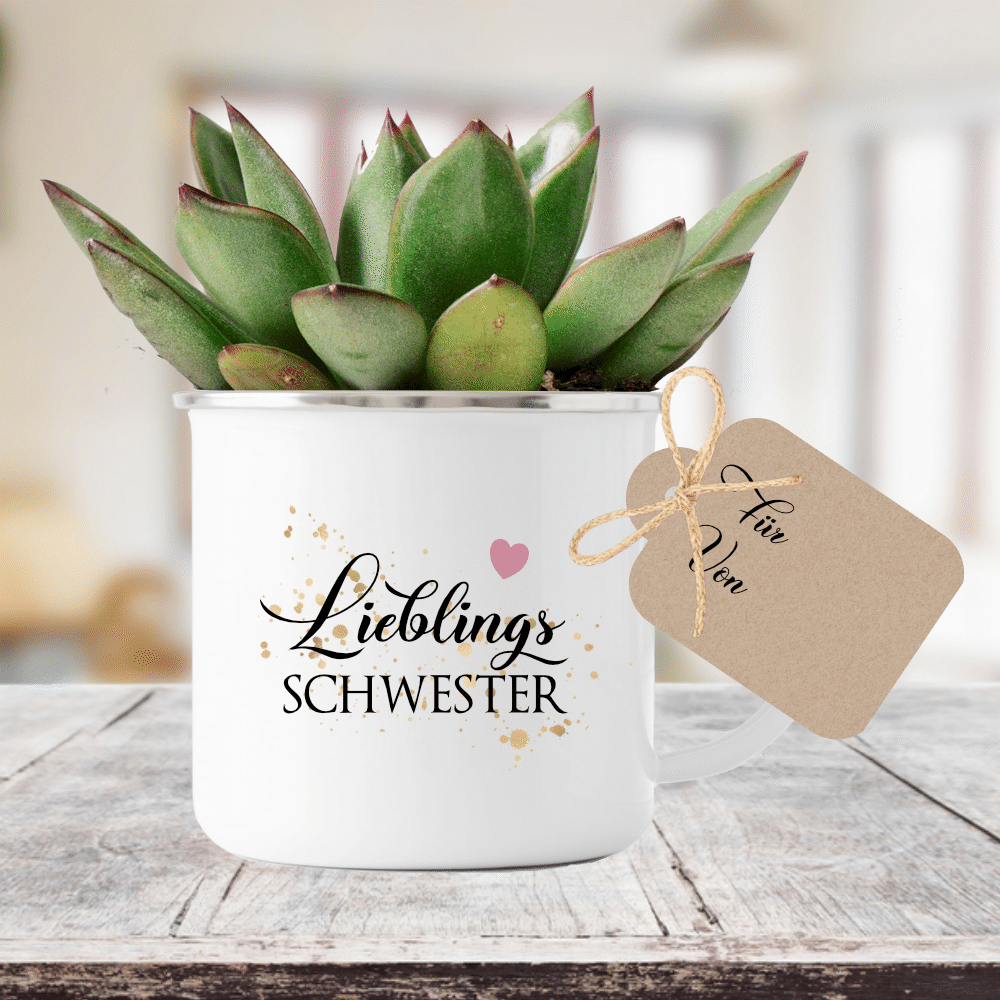 Tasse "Lieblingsschwester" | Geschenk für die Schwester | Emailletasse mit Geschenkanhänger | 12 Motivvarianten zur Auswahl