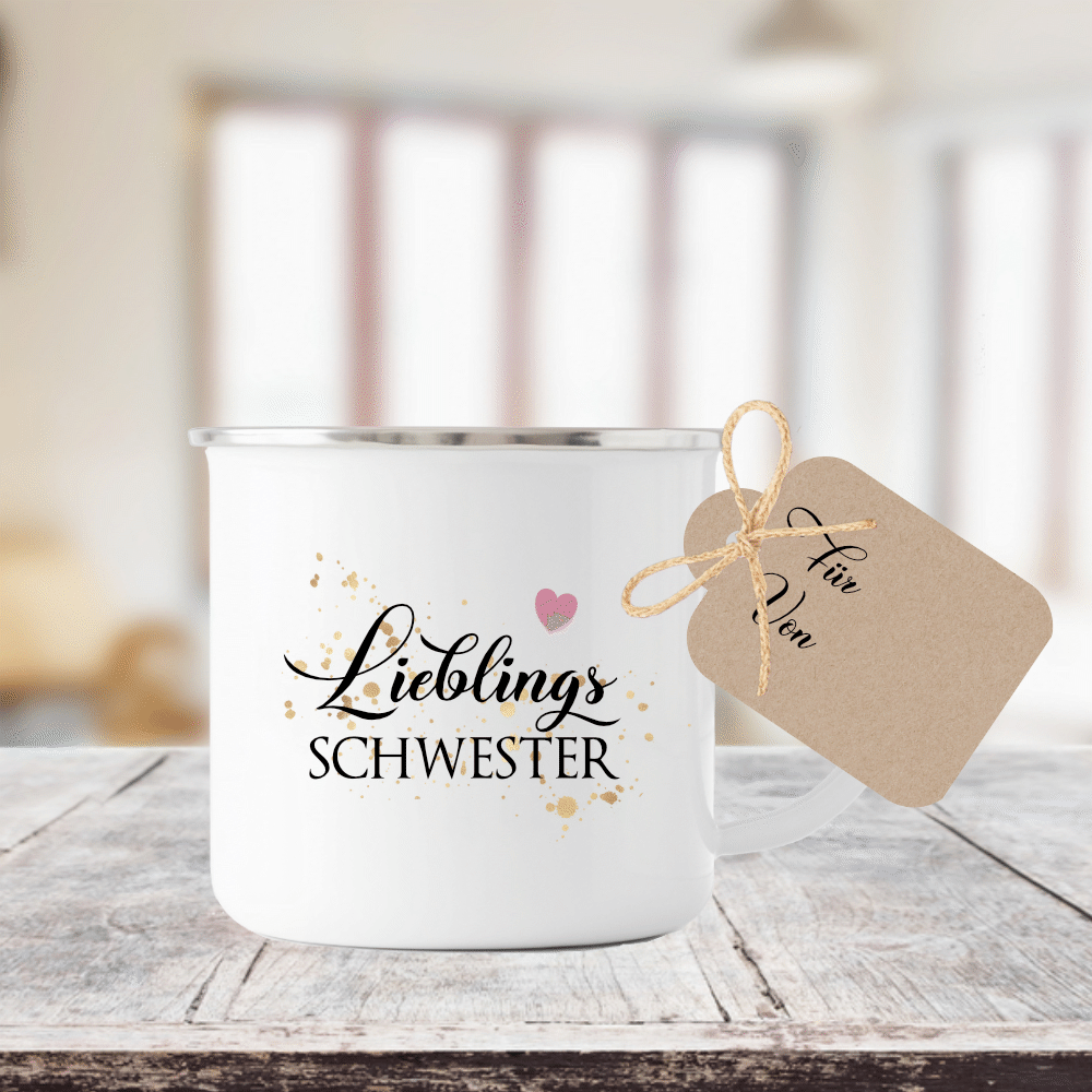 Tasse "Lieblingsschwester" | Geschenk für die Schwester | Emailletasse mit Geschenkanhänger | 12 Motivvarianten zur Auswahl