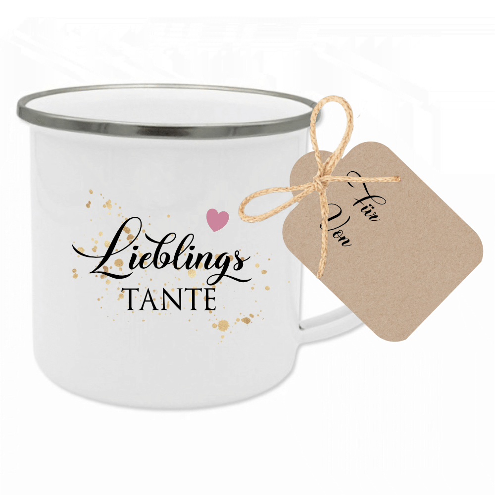 Tasse "Lieblingstante" | Geschenk für die Tante | Emailletasse mit Geschenkanhänger | 12 Motivvarianten zur Auswahl