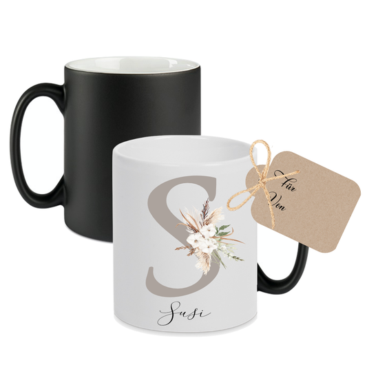 Zaubertasse Magic | Personalisierte Tasse mit Farbwechsel | Geschenk mit Namen u. Buchstaben | Kaffeetasse mit Monogramm für Sie