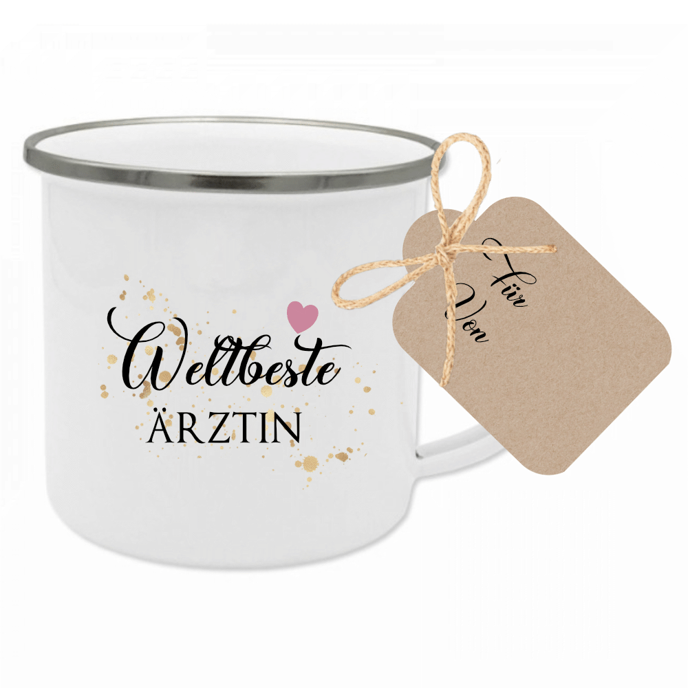 Tasse "Lieblingsfriseurin" | Geschenk für die Friseurin | Emailletasse mit Geschenkanhänger | 12 Motivvarianten zur Auswahl