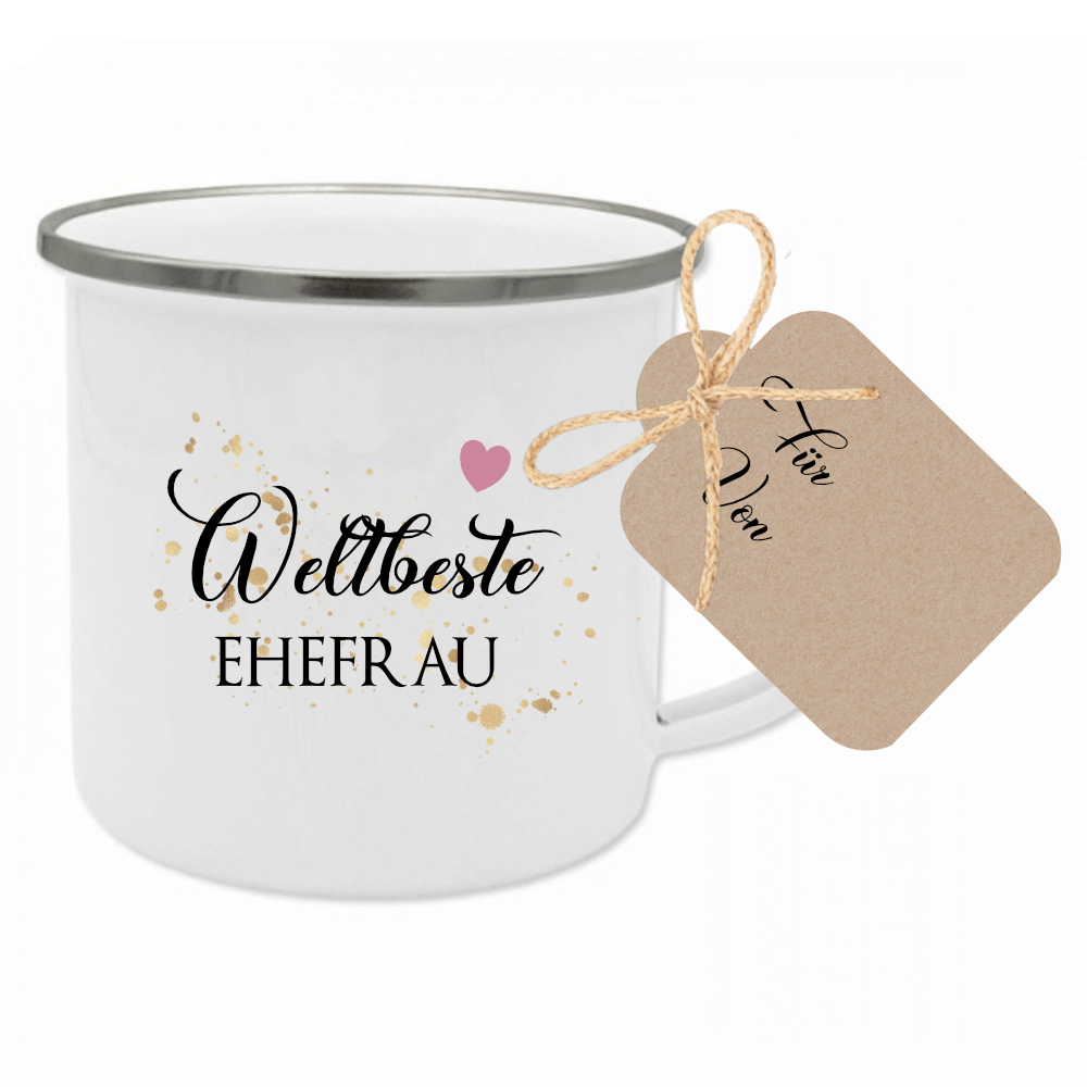 Tasse "Lieblingstante" | Geschenk für die Tante | Emailletasse mit Geschenkanhänger | 12 Motivvarianten zur Auswahl