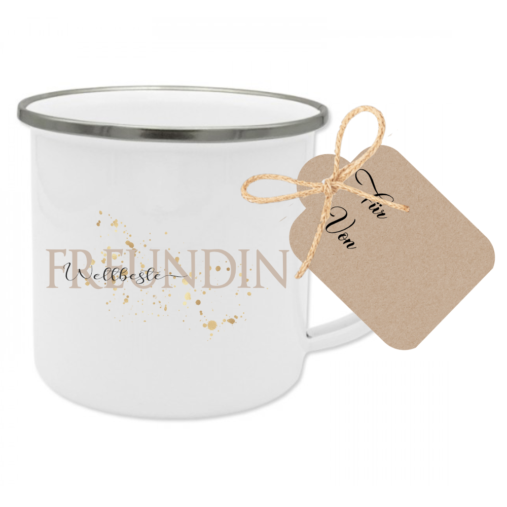 Tasse "Weltbester Freund" | Geschenk für den besten Freund | Emailletasse mit Geschenkanhänger | 2 Motivvarianten zur Auswahl