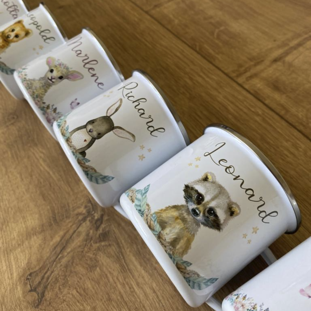 Kindertasse Fuchs  mit Namen des Kindes | Trinkbecher aus Emaille für Mädchen u. Jungen I Personalisierte Tasse als tolles Geschenk  | 4 Motivvarianten zur Auswahl