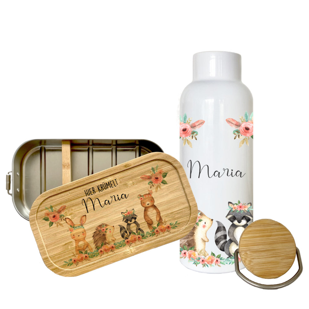 Brotdose und Trinkflasche mit Namen aus Bambus und Edelstahl.,