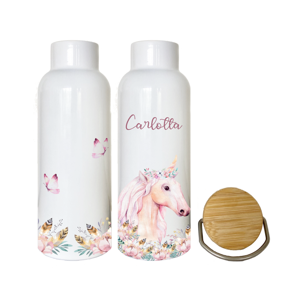 Kindertrinkflasche mit Einhorn und Namen personalisiert.