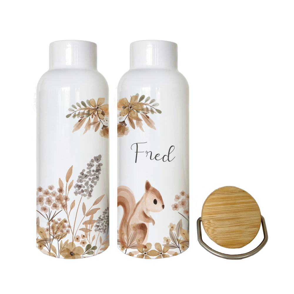 Trinkflasche mit Eichhörnchen und Namen personalisiert | Hochwertiges Geschenk für Kinder | Perfekt für den Herbst | Edelstahl | 500ml