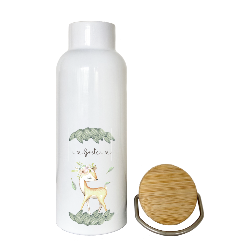 Trinkflasche mit mit Reh u. Namen für Kinder | Personalisiertes Geschenk für Mädchen | 500 ml Isolierflasche aus Edelstahl mit Bambusdeckel |  Als Set verfügbar mit Brotdose
