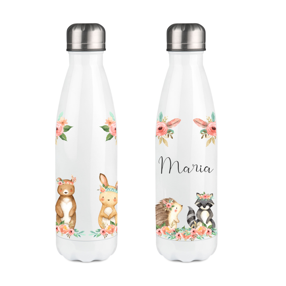 Trinkflasche "Boho Tiere mit dem Namen bedruckt.