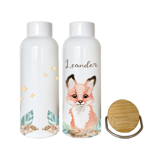 Kindertrinkflasche mit Fuchs und Namen personalisiert.