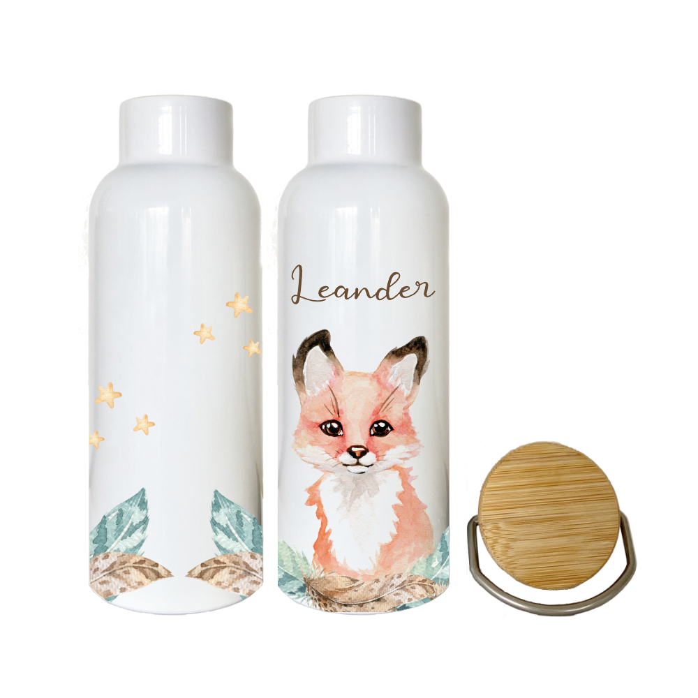 Kindertrinkflasche mit Fuchs und Namen personalisiert.