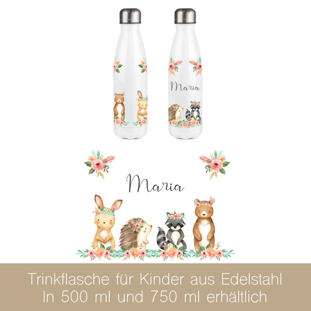 Personalisierte Trinkflasche "Boho Tiere" mit dem Namen.