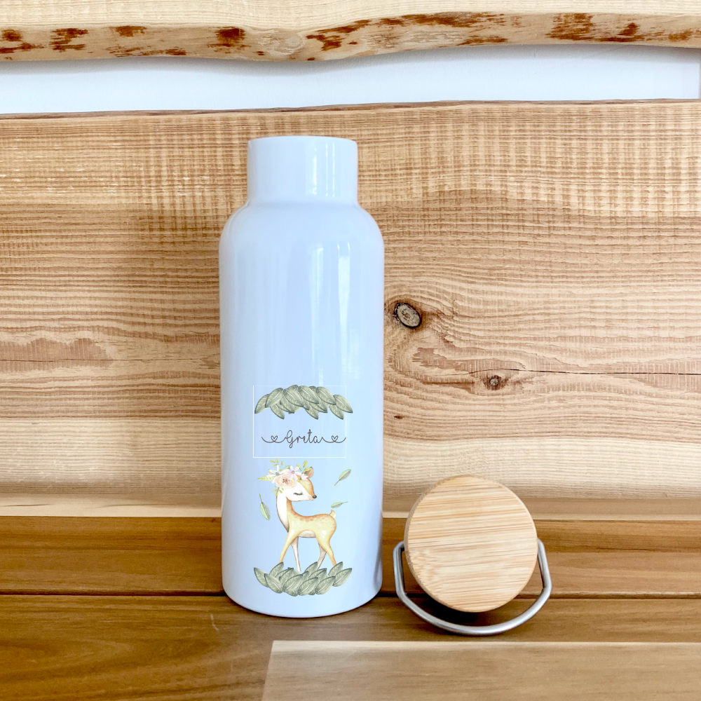 Trinkflasche mit mit Reh u. Namen für Kinder | Personalisiertes Geschenk für Mädchen | 500 ml Isolierflasche aus Edelstahl mit Bambusdeckel |  Als Set verfügbar mit Brotdose