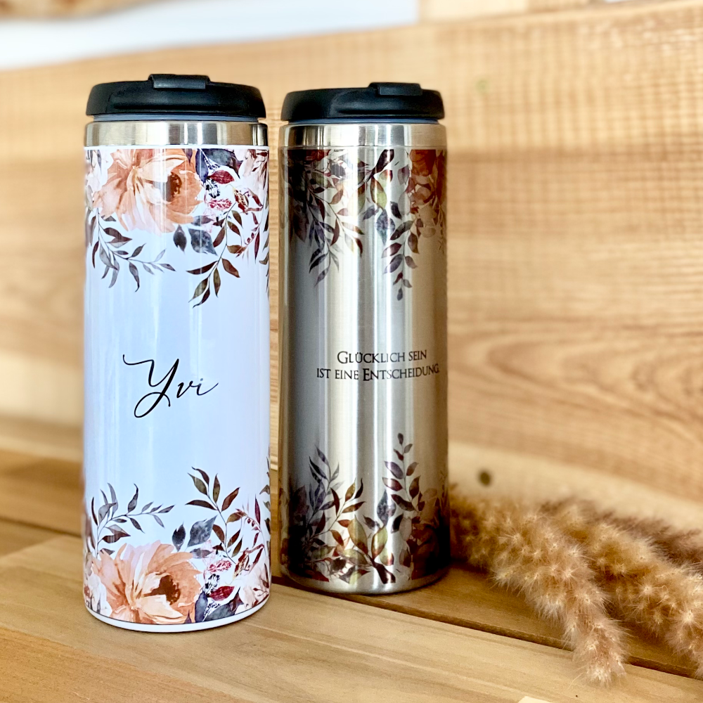 Trinkbecher "Autumn" für unterwegs aus Edelstahl | Personalisiert mit Namen und Spruch | Coffee to go Kaffeebecher | 2 Farbvarianten zur Auswahl | Besondere Geschenkidee und schönes Geschenk für Frauen