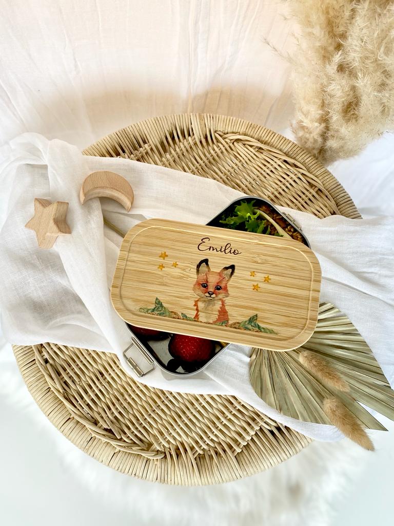Kinder Lunchbox Fuchs mit Namen | Brotdose mit Tiermotiv für Jungen und Mädchen | Kindergarten und Schule | Personalisiertes Geburtstagsgeschenk