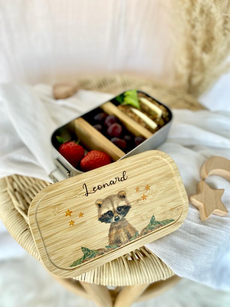 Brotdose Waschbär mit Namen für Kinder | Lunchbox mit Tiermotiv für Jungen und Mädchen | Kindergarten und Schule | Personalisiertes Geburtstagsgeschenk