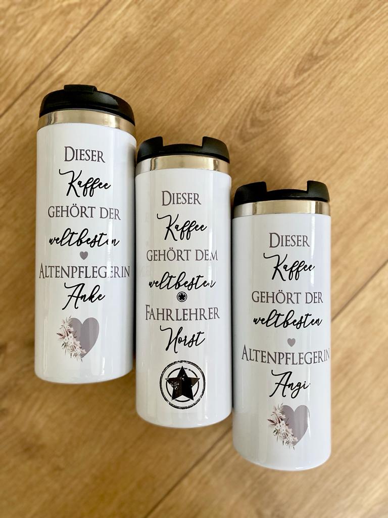 Thermobecher aus Edelstahl mit Namen und Berufsbezeichnung / Hobby für Sie u. Ihn | Personalisiertes Geschenk für Frauen u. Männer | Geschenkidee zum Geburtstag, als Dankeschön, Abschied Kollegin | Kaffeebecher | 2 Motivvarianten