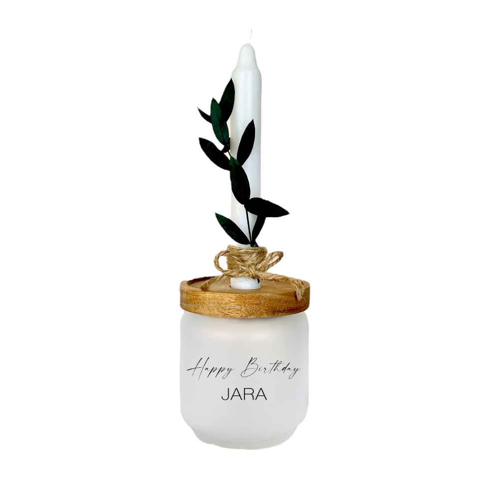 Geschenkglas "Happy Birthday" personalisiert mit dem Namen, Geschenkset mit Geburtstagskerze und Trockenblume