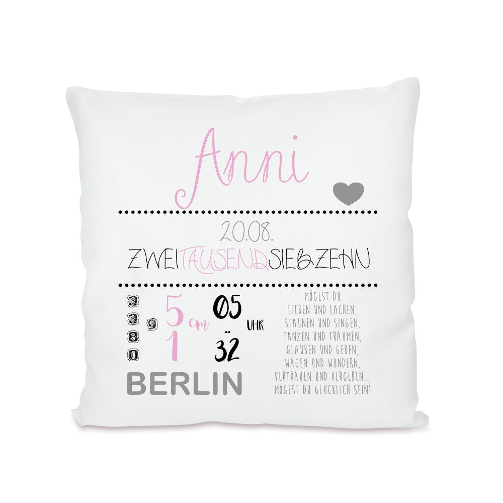 Personalisiertes Geburtskissen mit den Geburtsdaten des Babys | Besonderes Geschenk zur Geburt u. zur Taufe | Schönes Babygeschenk und tolle Erinnerung | 2 Farbvarianten zur Auswahl