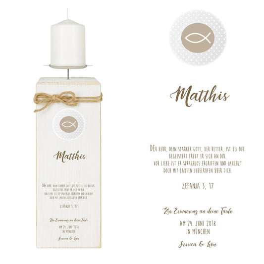 Personalisierter Kerzenständer zur Taufe | Besondere Taufkerze, handgefertigt mit Namen, Taufspruch und Taufdatum | Persönliches Geschenk und bleibende Erinnerung