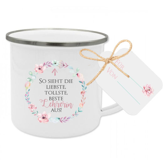 Tasse mit Spruch "So sieht die liebste, tollste, beste Lehrerin aus!" | Schönes Geschenk für die Klassen- und Grundschullehrerin als Dankeschön | inkl. Geschenkanhänger