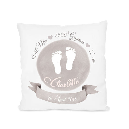 Kissen zur Geburt u. Taufe "Fußabdrücke" | Persönliches Geburtsgeschenk | Geburtskissen für das Neugeborene | 3 Farbvarianten zur Auswahl