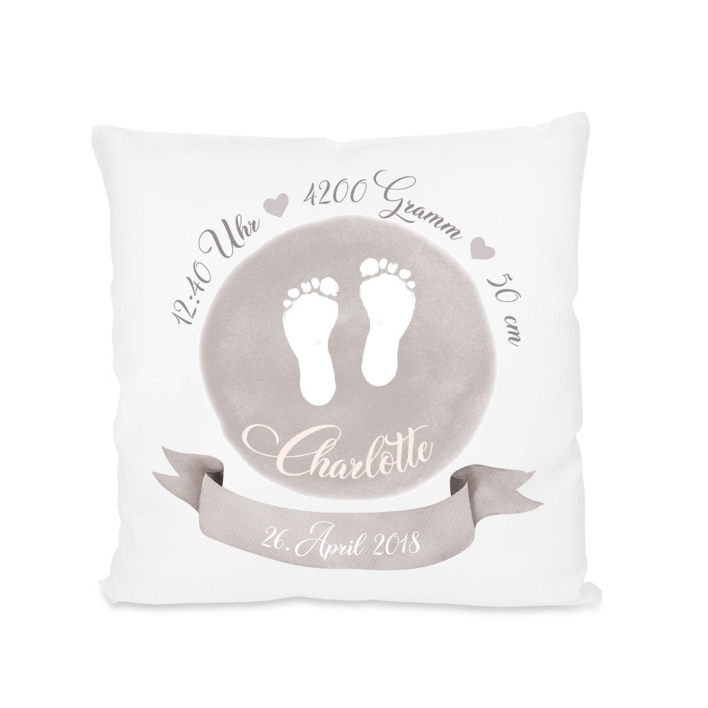 Personalisiertes Geburtskissen "Fußabdrücke" für Mädchen und Jungen | Handgefertigtes Babygeschenk zur Geburt u. Taufe | Geschenkidee mit den Geburtsdaten des Neugeborenen | 3 Farbvarianten zur Auswahl  