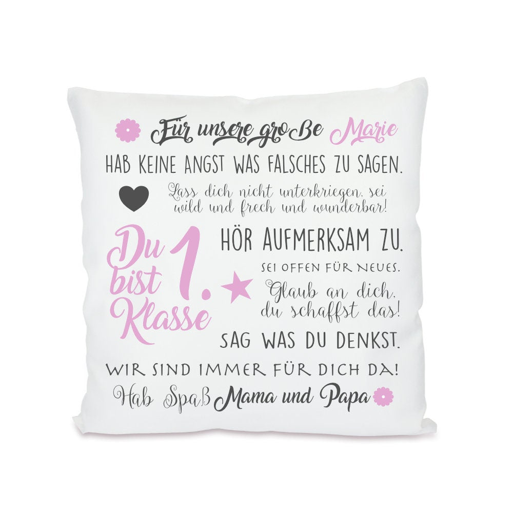 Kissen zum Schulbeginn "Du bist 1. Klasse" | Personalisiertes Geschenk zur Einschulung für Jungen und Mädchen | 4 Varianten zur Auswahl