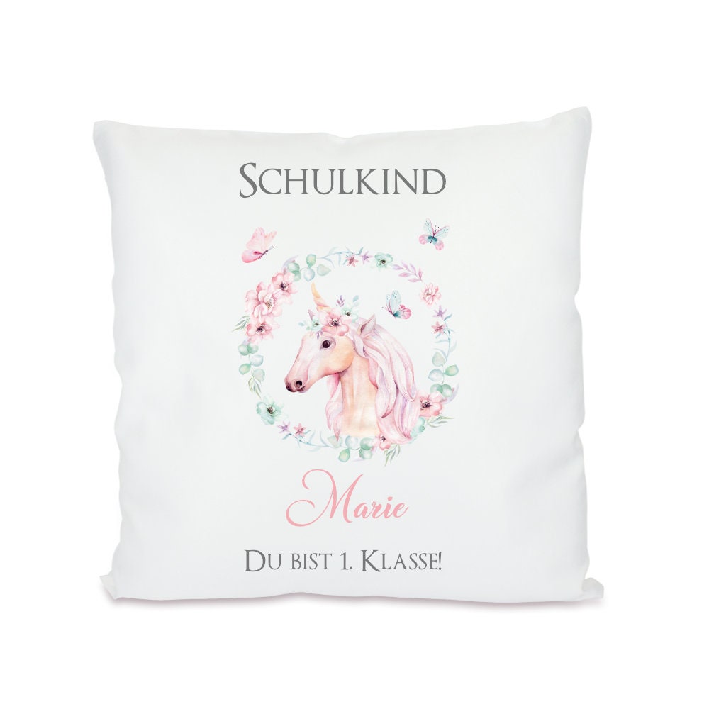 Kissen für das Schulkind mit Einhorn | Personalisiertes Geschenk für Mädchen zur Einschulung | Kissengeschenk, handgefertigt mit dem Namen des Einschulungskindes