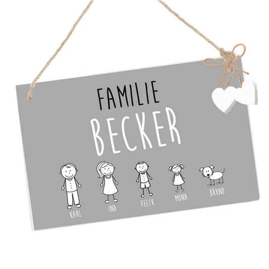 Handgefertigtes u. originelles Türschild aus Holz mit Figuren, Vornamen und dem Familiennamen | Kreative Geschenkidee u. schöne Dekoration für die Haustür | 2 Größen zur Auswahl