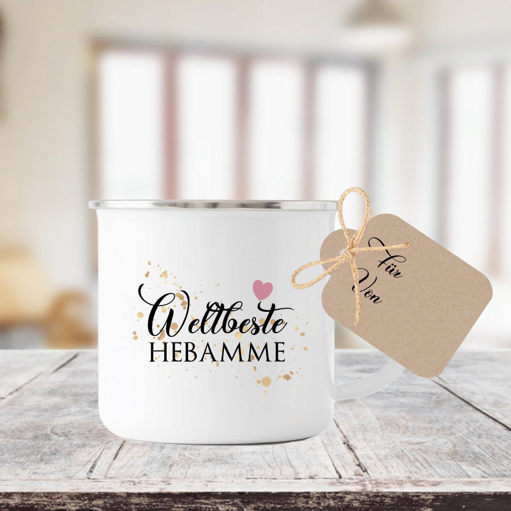 Tasse "Weltbeste Hebamme" | Dankeschön Geschenk | Emailletasse mit Geschenkanhänger | 12 Motivvarianten zur Auswahl