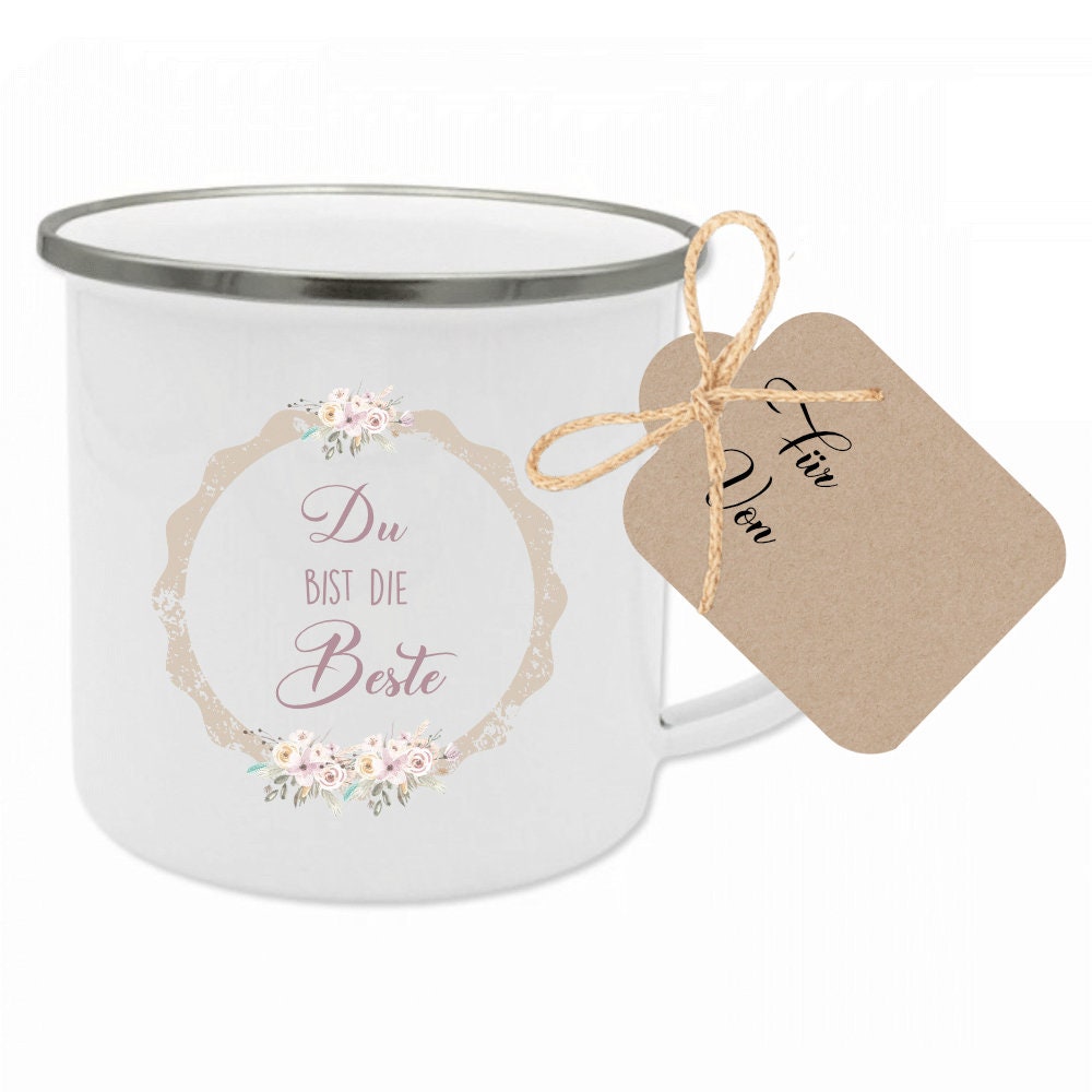 Tasse aus Emaille "Du bist die Beste" | Geschenkidee für besondere Menschen wie Mama, Oma, Beste Freundin | Tassengeschenk inkl. Geschenkanhänger