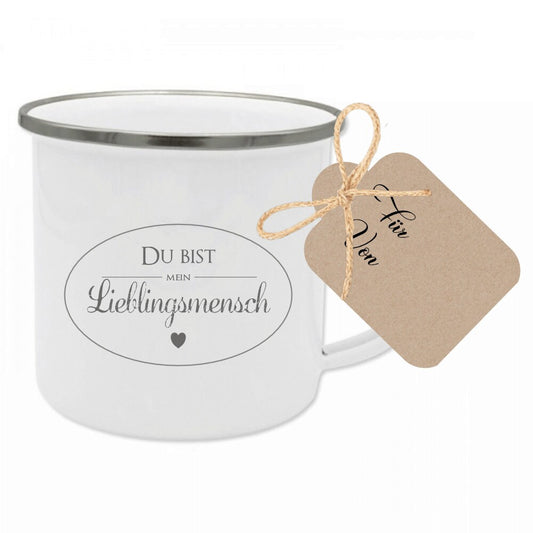 Tasse aus Emaille "Du bist mein Lieblingsmensch" | Besondere Geschenkidee für Frauen, Paare u. die beste Freundin | Tassengeschenk inkl. Geschenkanhänger zum Beschriften
