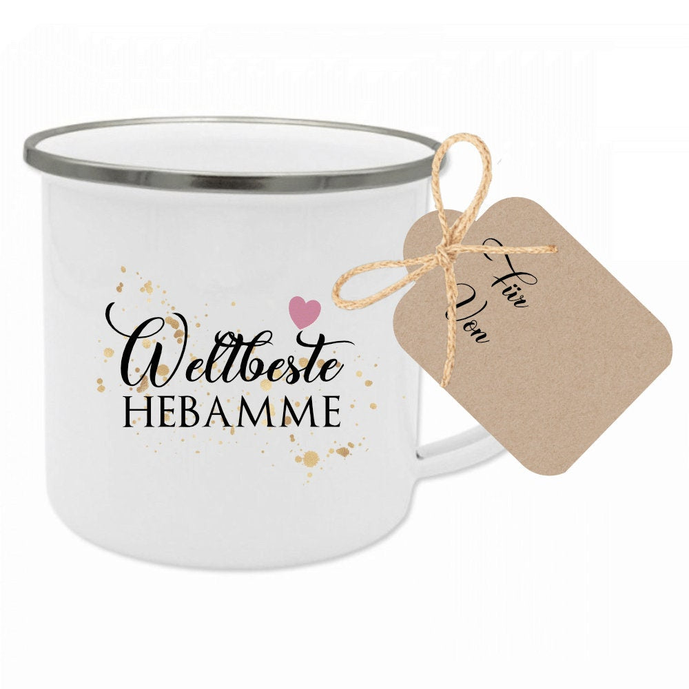 Tasse "Lieblingsfriseurin" | Geschenk für die Friseurin | Emailletasse mit Geschenkanhänger | 12 Motivvarianten zur Auswahl