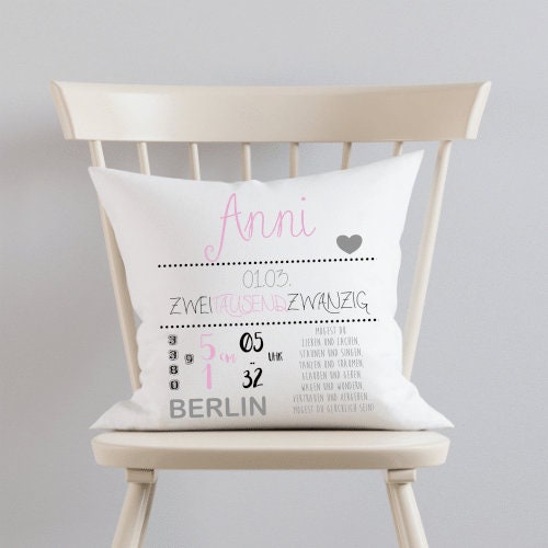 Personalisiertes Geburtskissen mit den Geburtsdaten des Babys | Besonderes Geschenk zur Geburt u. zur Taufe | Schönes Babygeschenk und tolle Erinnerung | 2 Farbvarianten zur Auswahl